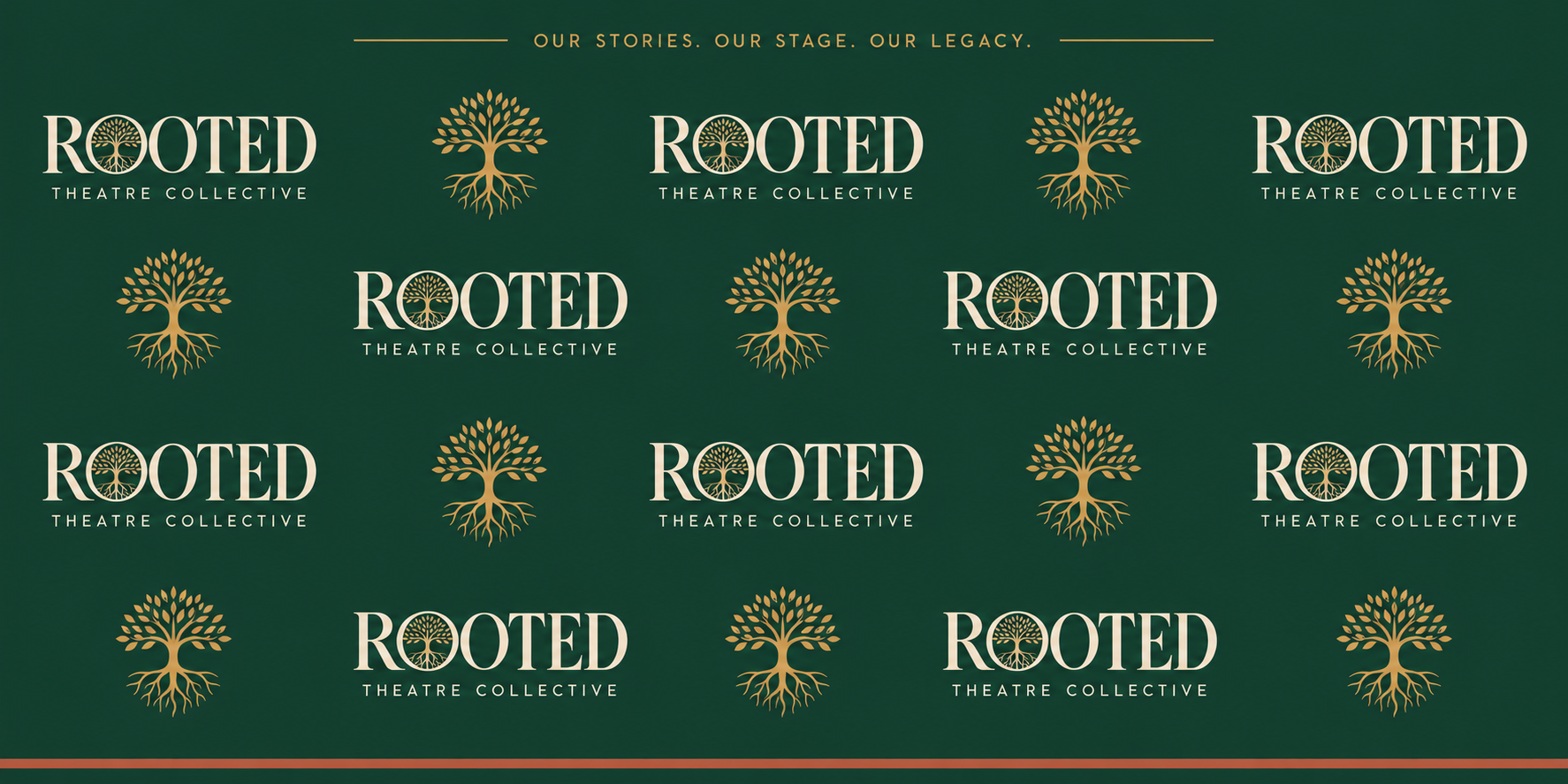 ROOTED's forest-green and gold premiere photo-backdrop design
